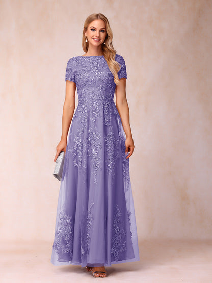 A-Line/Princess Sheer Neck Short Sleeves Long Formal Evening Dresses with Appliques