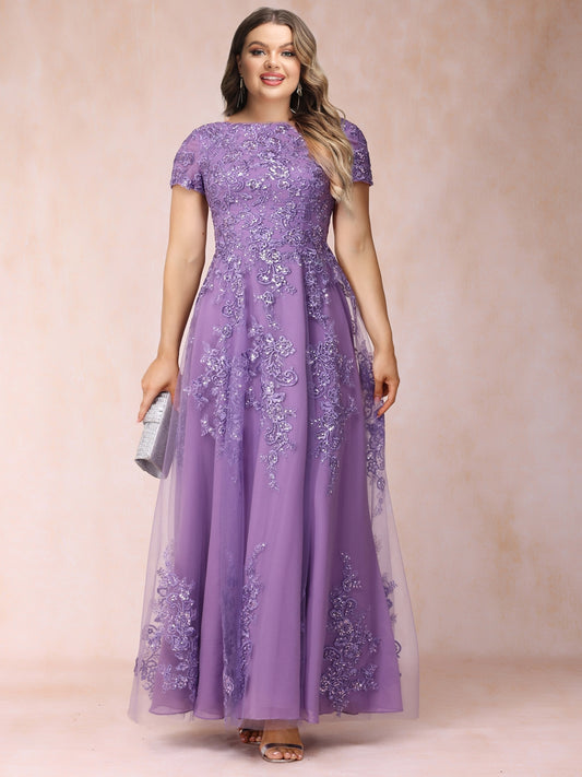 A-Line/Princess Sheer Neck Short Sleeves Long Formal Plus Size Evening Dresses with Appliques