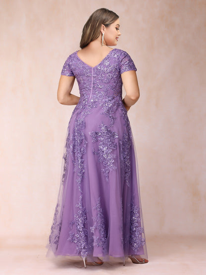 A-Line/Princess Sheer Neck Short Sleeves Long Formal Plus Size Evening Dresses with Appliques