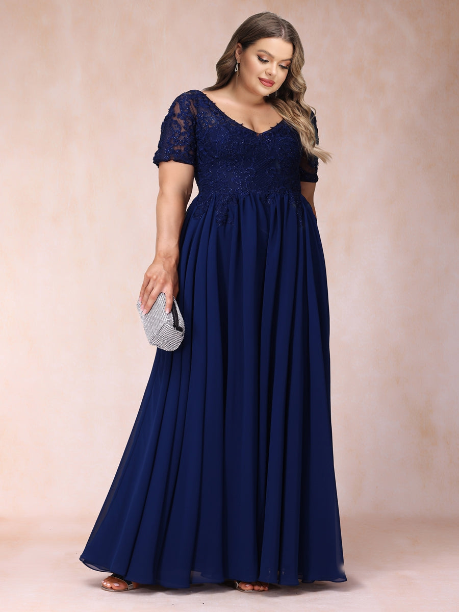 A-Line/Princess V-Neck Short Sleeves Long Formal Plus Size Evening Dresses with Beading & Appliques