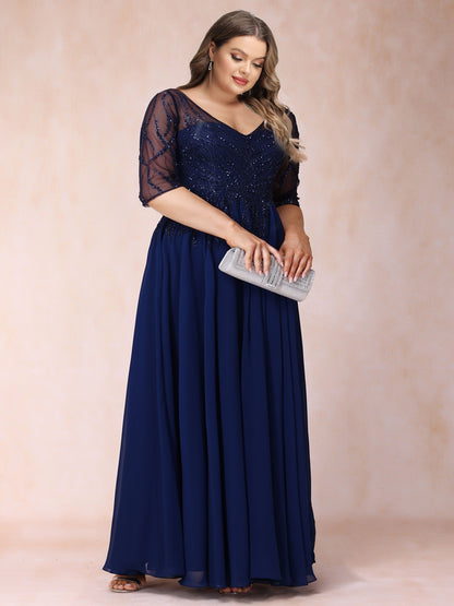 A-Line/Princess V-Neck Half Sleeves Long Formal Plus Size Evening Dresses with Beading