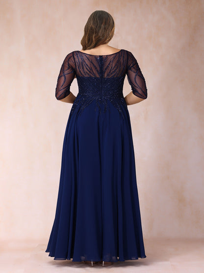 A-Line/Princess V-Neck Half Sleeves Long Formal Plus Size Evening Dresses with Beading