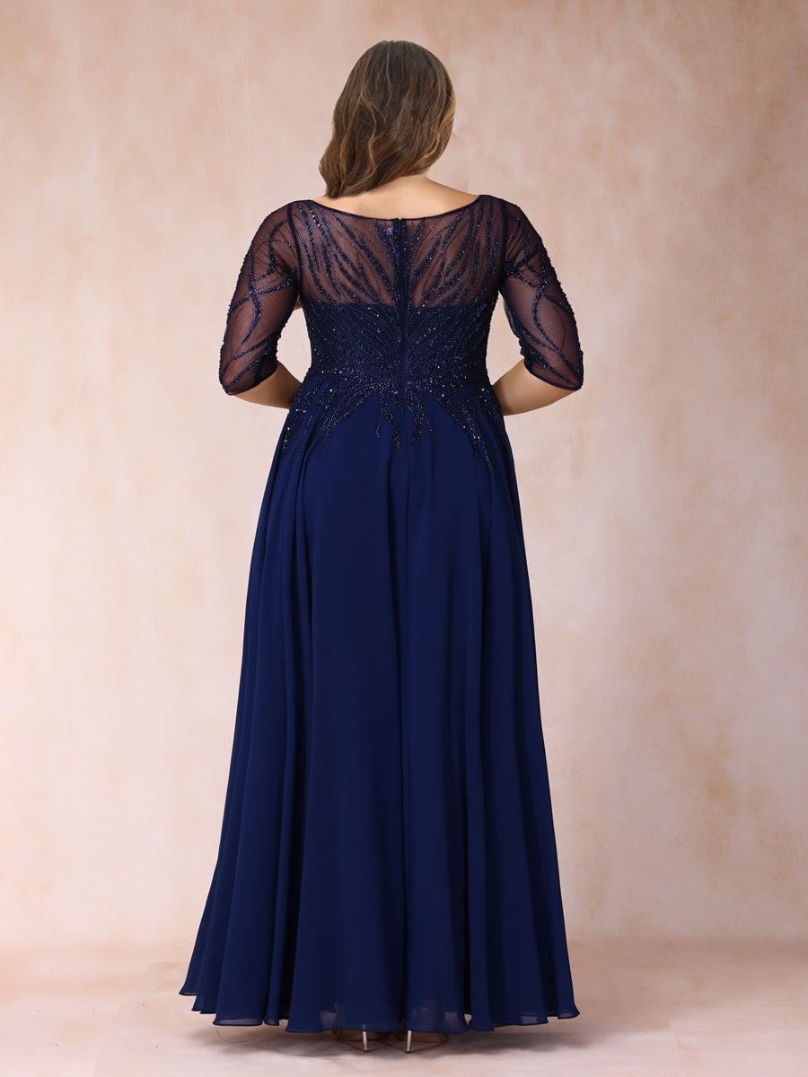 A-Line/Princess Sheer Neck Half Sleeves Long Formal Plus Size Evening Dresses with Beading & Sequins