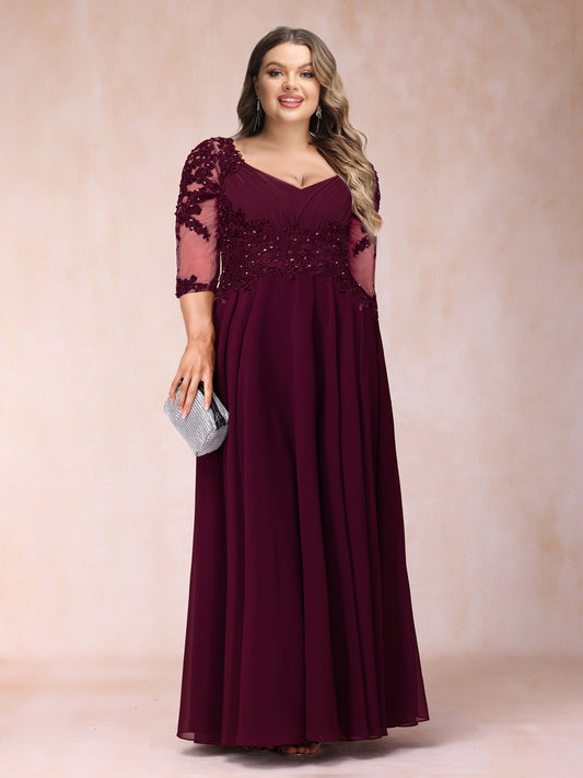 A-Line/Princess V-Neck 3/4 Sleeves Long Formal Plus Size Evening Dresses with Beading