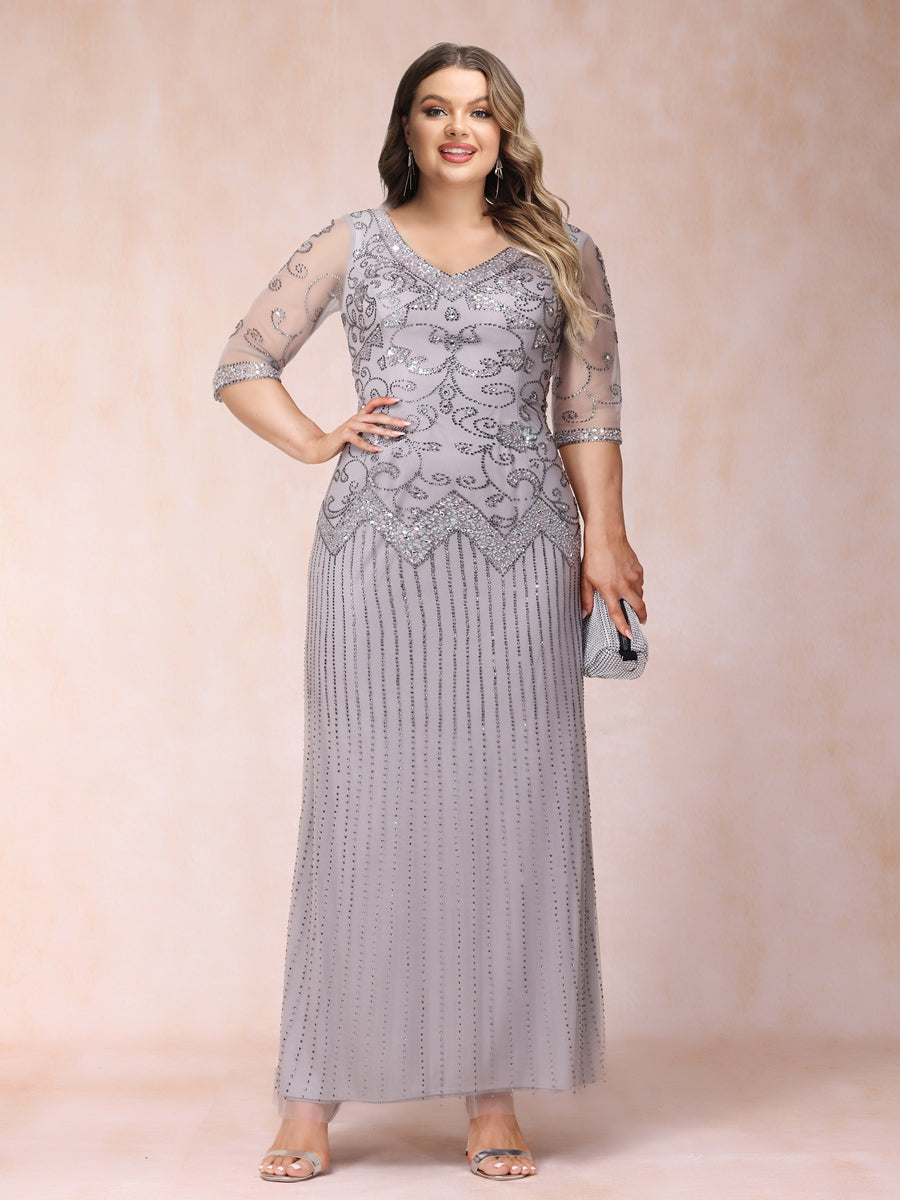 Sheath/Column V-Neck 3/4 Sleeves Long Formal Plus Size Evening Dresses with Beading & Sequins