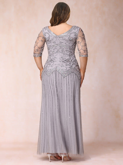 Sheath/Column V-Neck 3/4 Sleeves Long Formal Plus Size Evening Dresses with Beading & Sequins