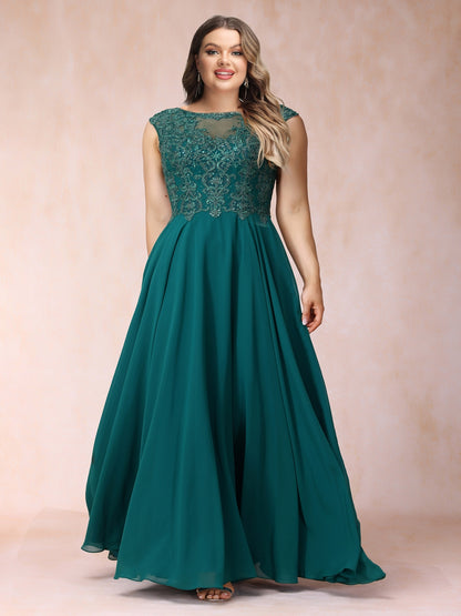 A-Line/Princess Sheer Neck Sleeveless Long Formal Plus Size Evening Dresses with Beading & Appliques