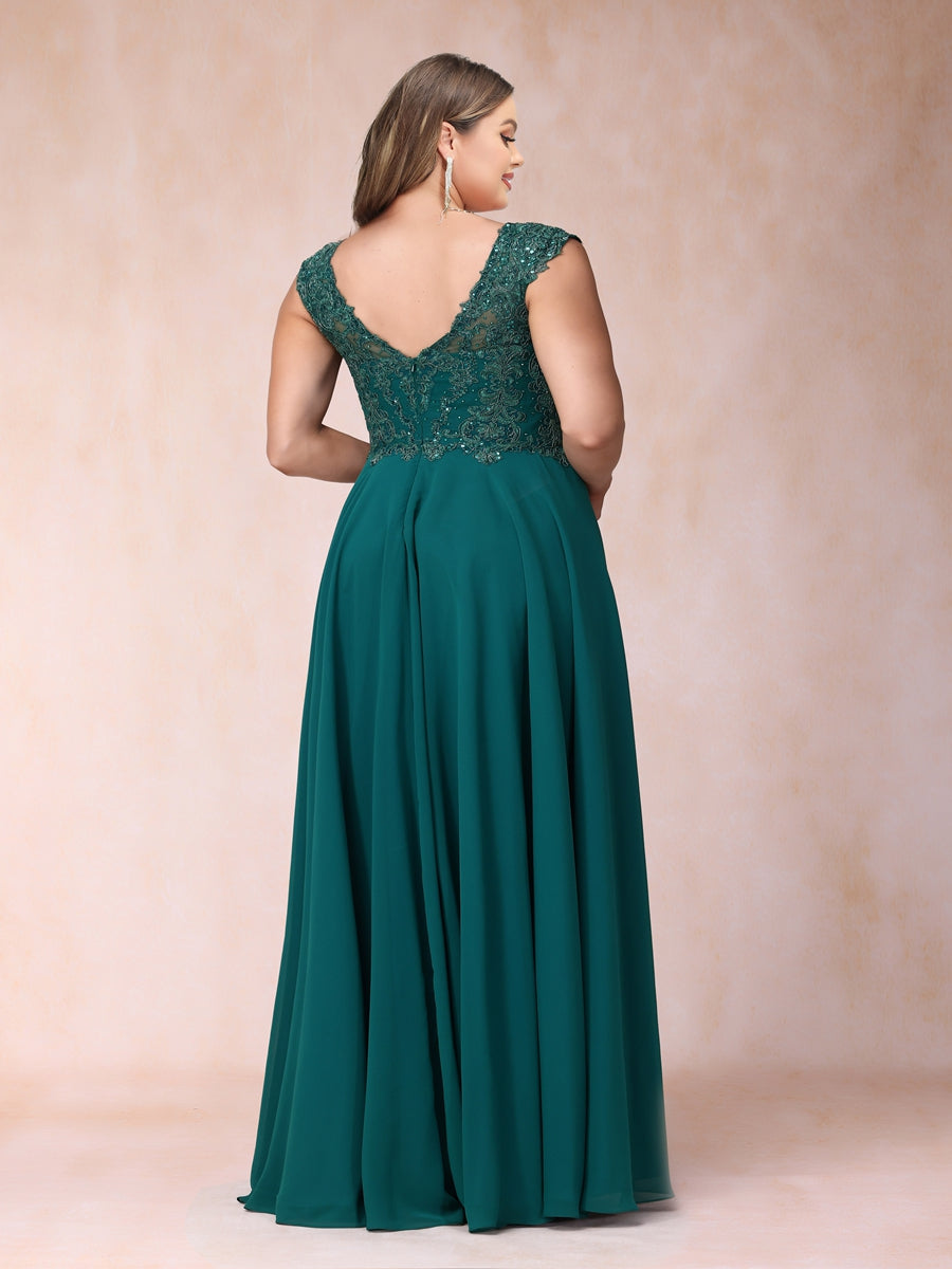 A-Line/Princess Sheer Neck Sleeveless Long Formal Plus Size Evening Dresses with Beading & Appliques