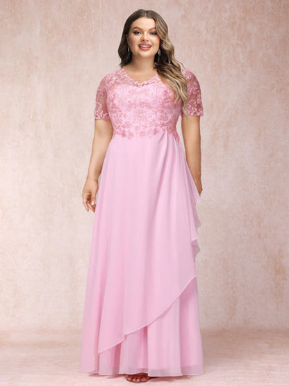 A-Line/Princess V-Neck Short Sleeves Long Formal Plus Size Evening Dresses with Appliques