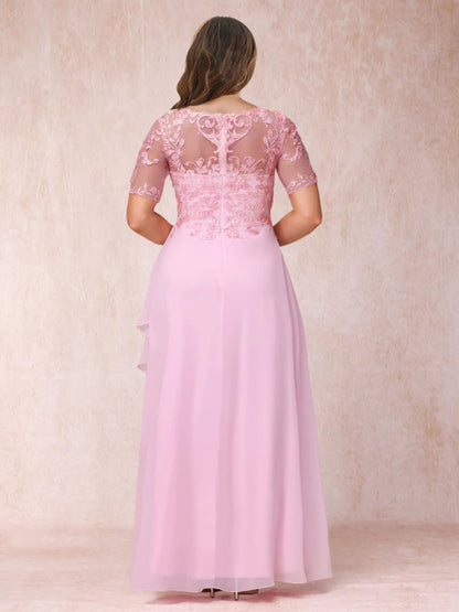 A-Line/Princess V-Neck Short Sleeves Long Formal Plus Size Evening Dresses with Appliques