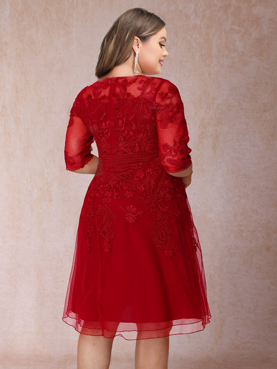 A-Line/Princess Sheer Neck Half Sleeves Short Formal Plus Size Evening Dresses with Appliques