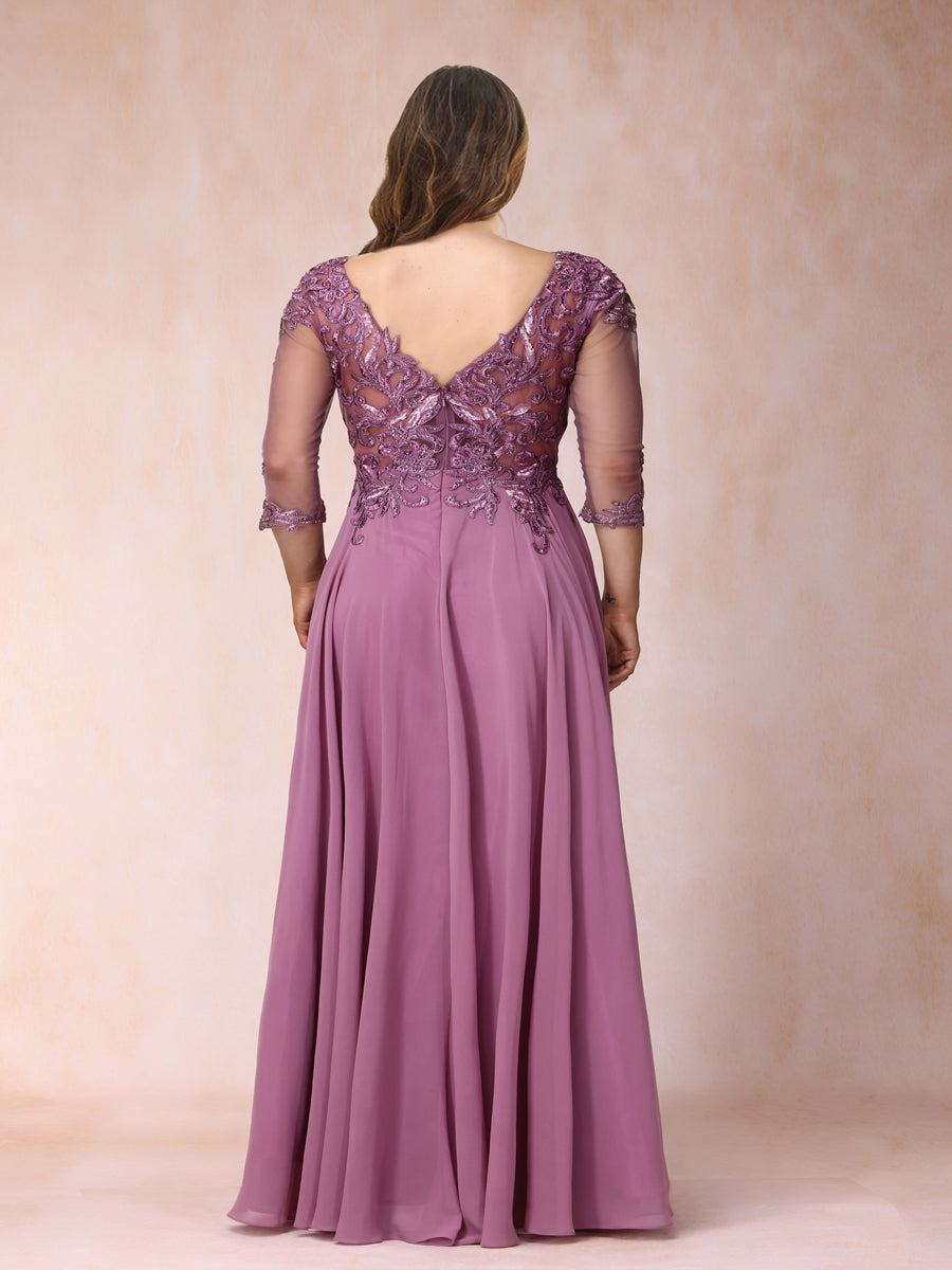 A-Line/Princess Sheer Neck 3/4 Sleeves Long Formal Plus Size Evening Dresses with Sequins & Appliques