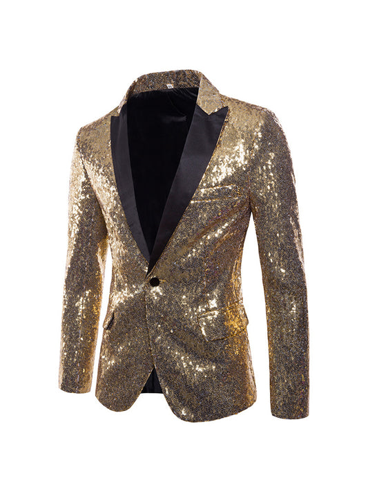 Men's Tailored Fit Gold Single Breasted One-Button Sequins Party Jacket