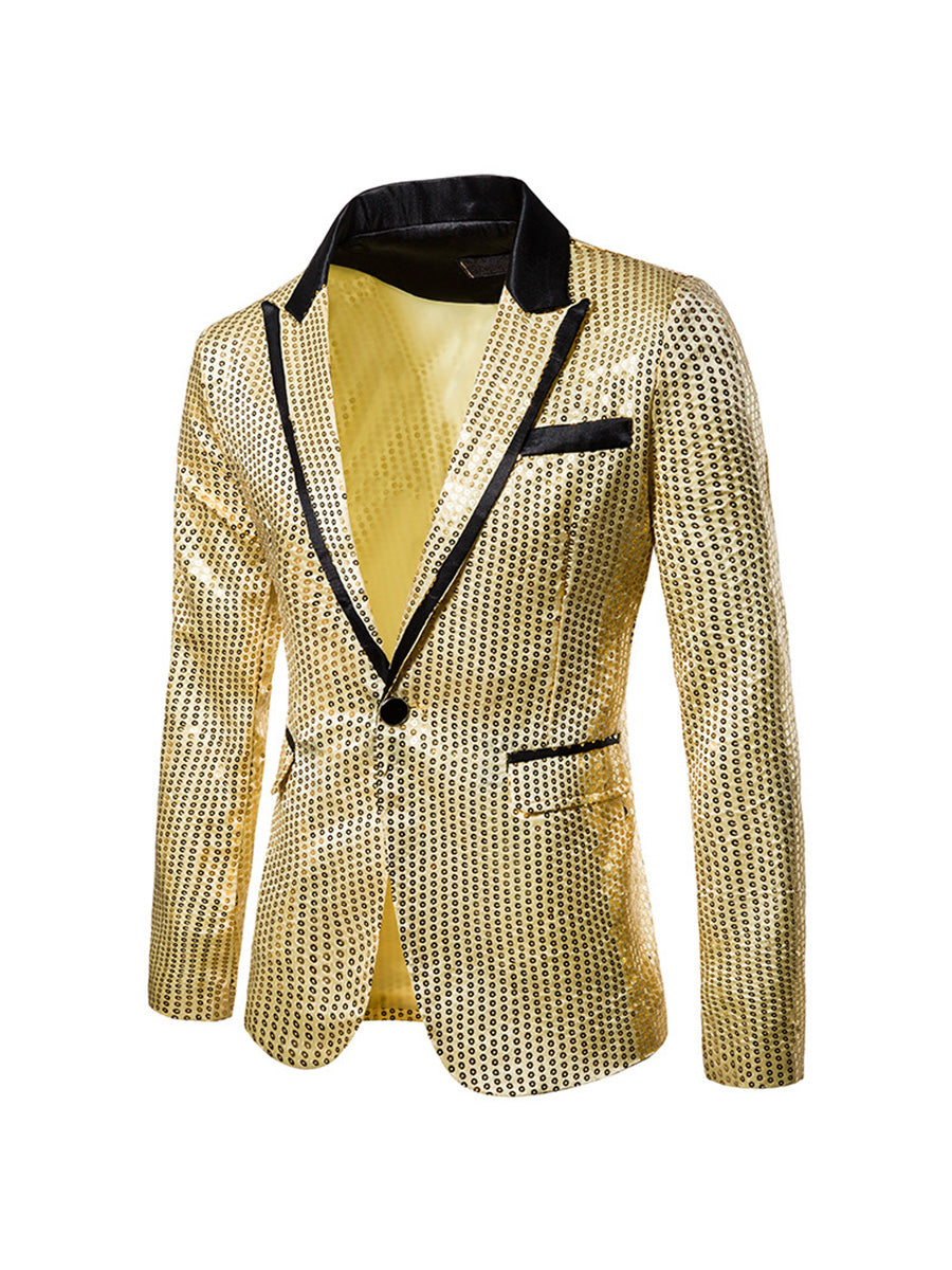 Men's Tailored Fit Gold Single Breasted One-Button Sequin Party Jacket