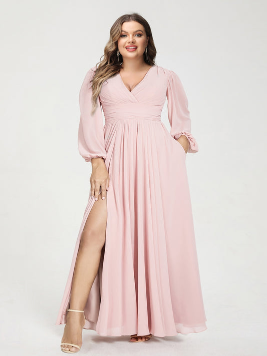 A-Line/Princess V-Neck Long Sleeves Split Side With Pockets Plus Size Bridesmaid Dresses