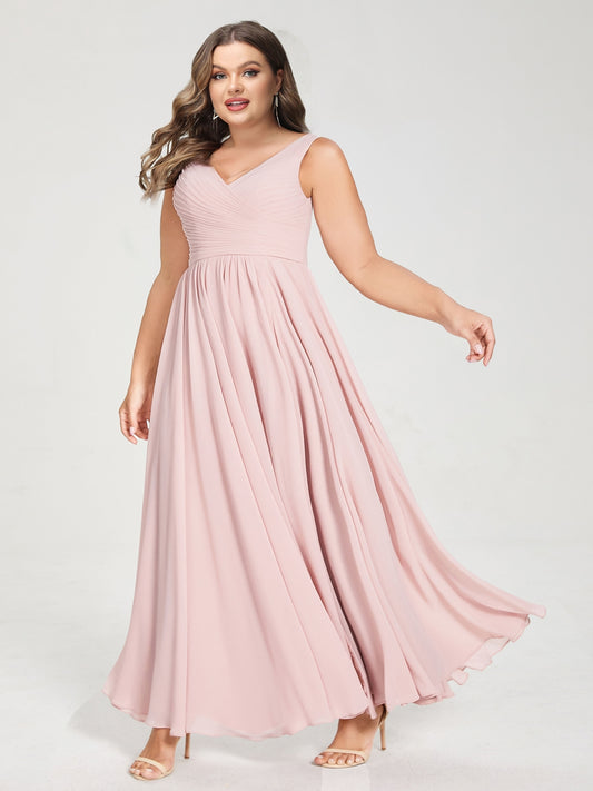 A-Line/Princess Chiffon V-Neck Sleeveless With Pleats Floor-Length Lace Up Plus Size Bridesmaid Dresses