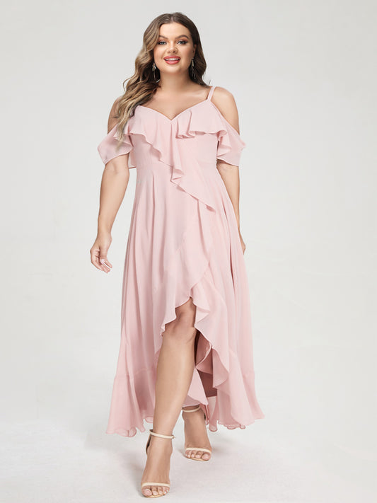 A-Line/Princess Chiffon Spaghetti Straps V-Neck Short Sleeves With Ruffles Asymmetrical Plus Size Bridesmaid Dresses