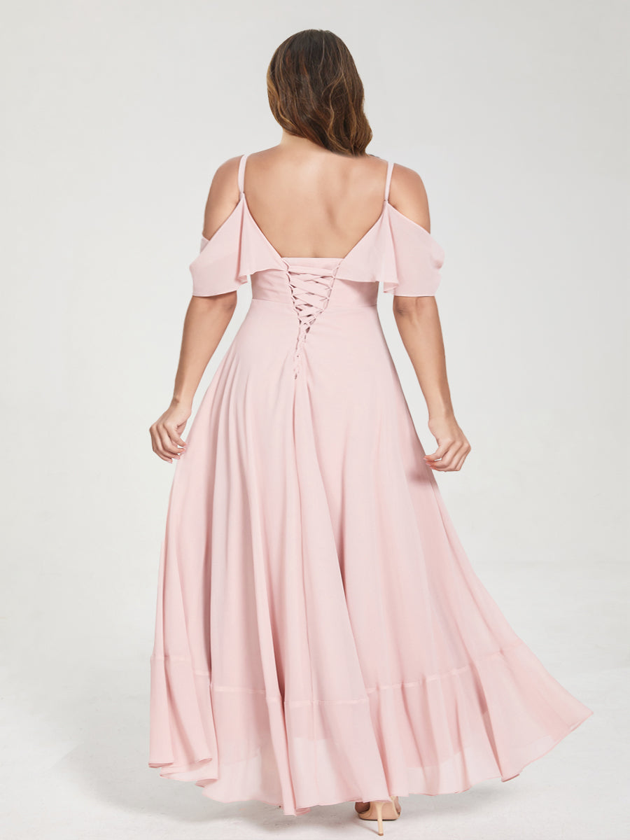 A-Line/Princess Chiffon Spaghetti Straps V-Neck Short Sleeves With Ruffles Asymmetrical Plus Size Bridesmaid Dresses