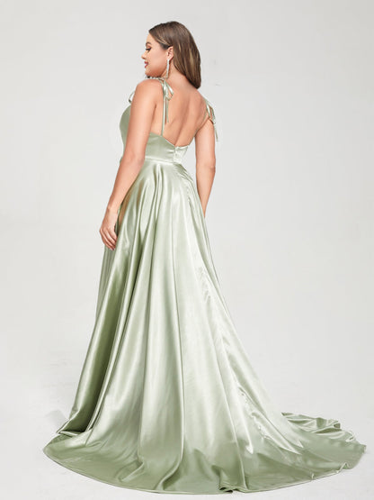 A-Line Spaghetti Straps Sleeveless Long Silk Like Satin Plus Size Bridesmaid Dresses