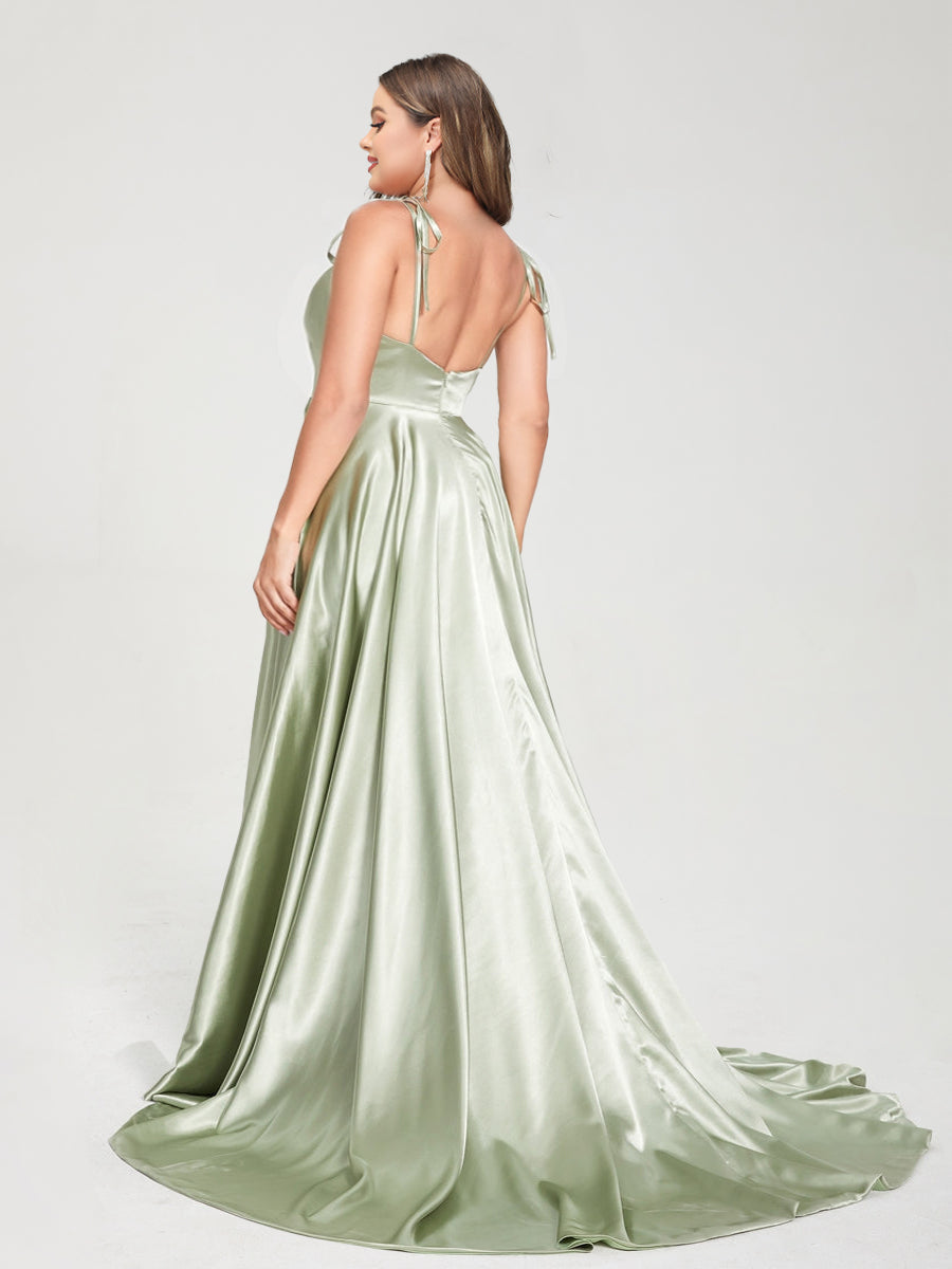 A-Line Spaghetti Straps Sleeveless Long Silk Like Satin Plus Size Bridesmaid Dresses