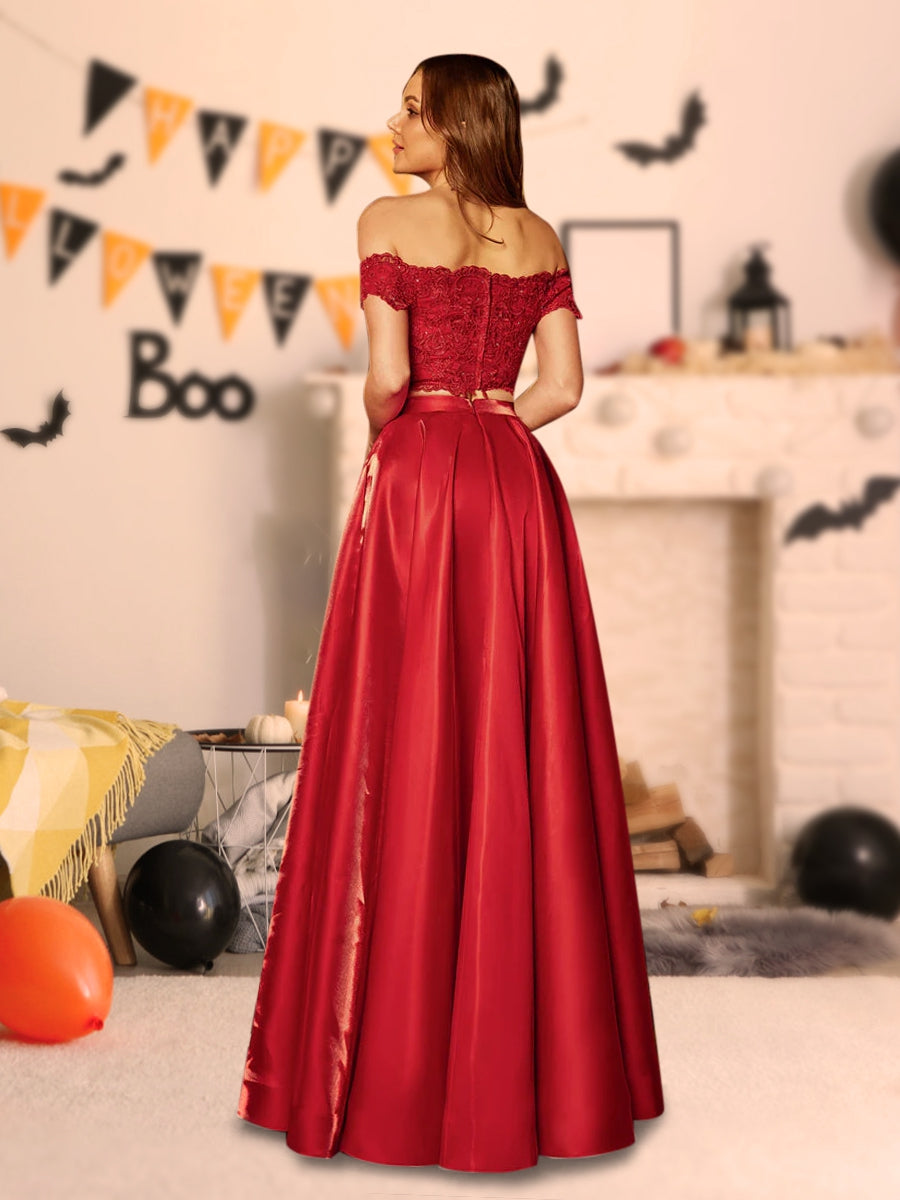 A-Line/Princess Off-the-Shoulder Applique Two Piece Long Halloween Dresses