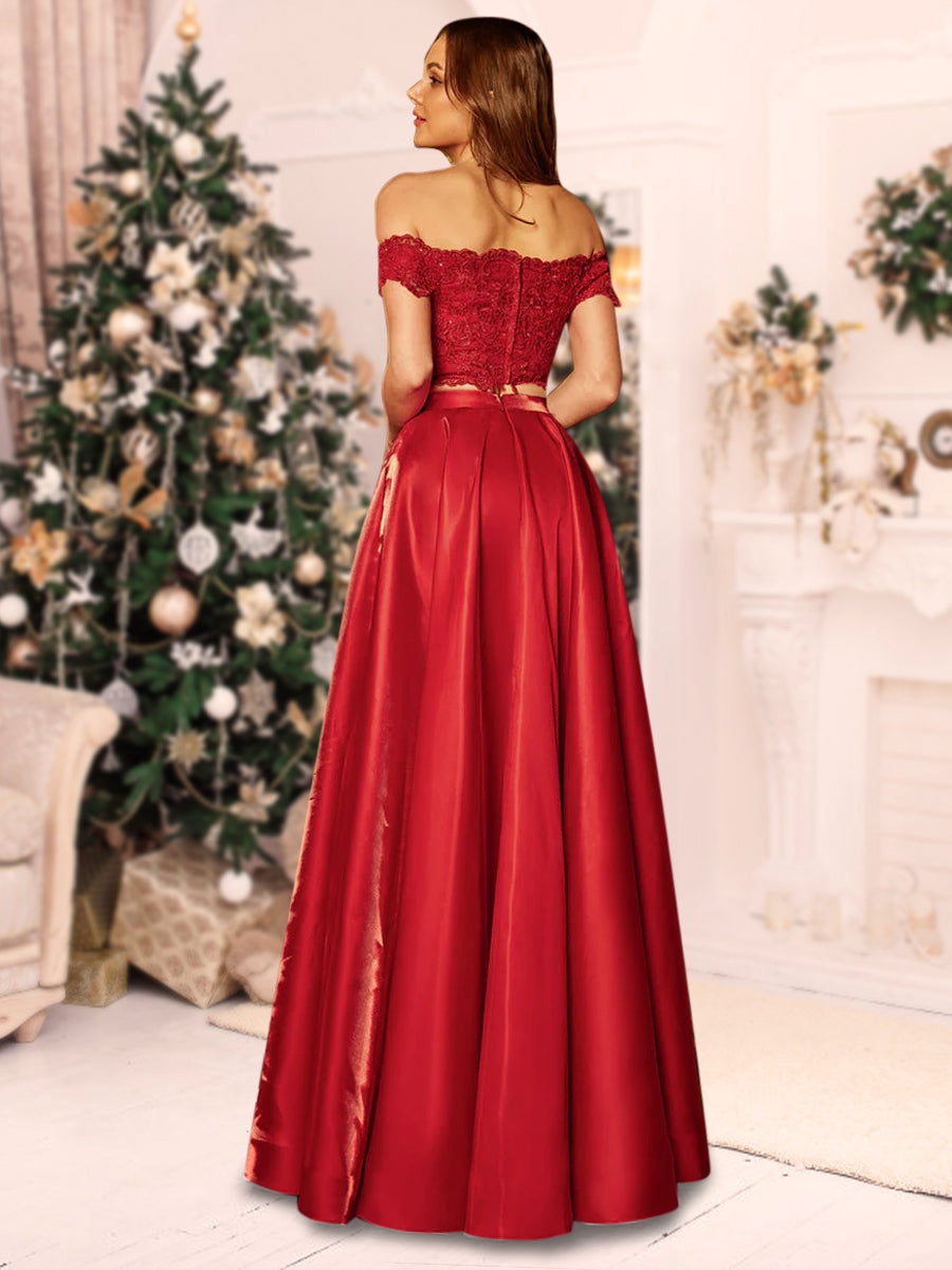 A-Line/Princess Off-the-Shoulder Applique Two Piece Long Christmas Dresses