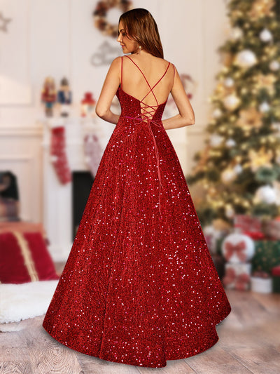 A-Line/Princess V-Neck Long Christmas Dresses with Belt