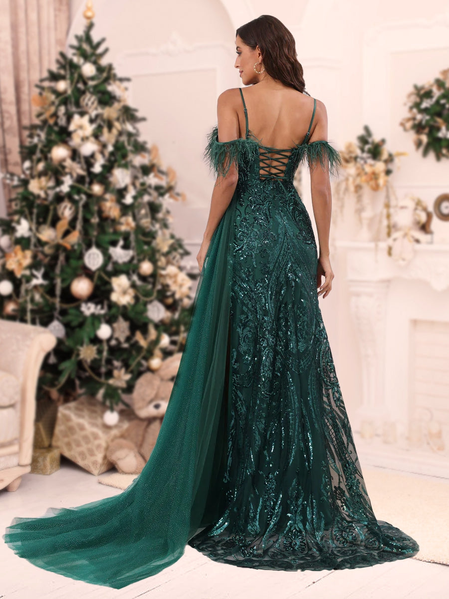 A-Line/Princess Spaghetti Straps Long Christmas Dresses with Feather & Sequins