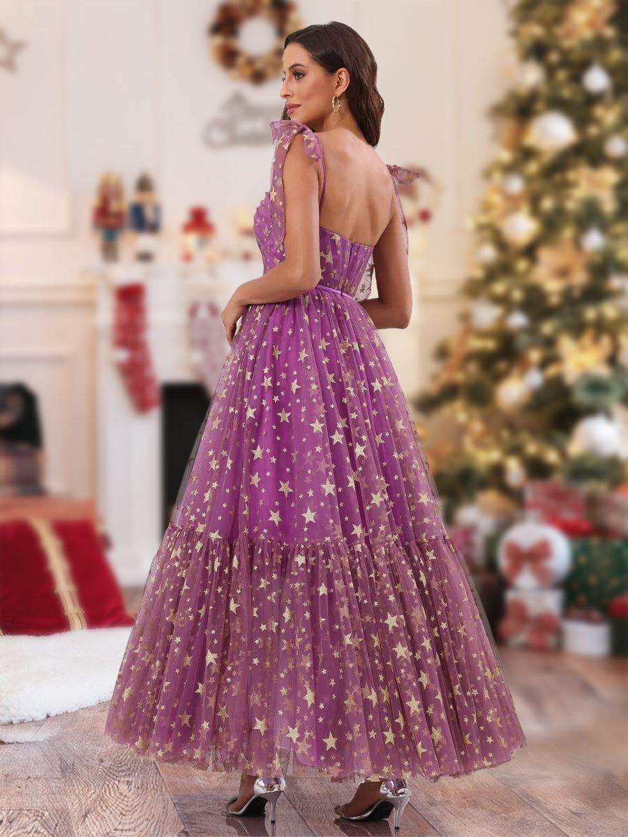 A-Line/Princess Spaghetti Straps Long Christmas Dresses with Ruffles