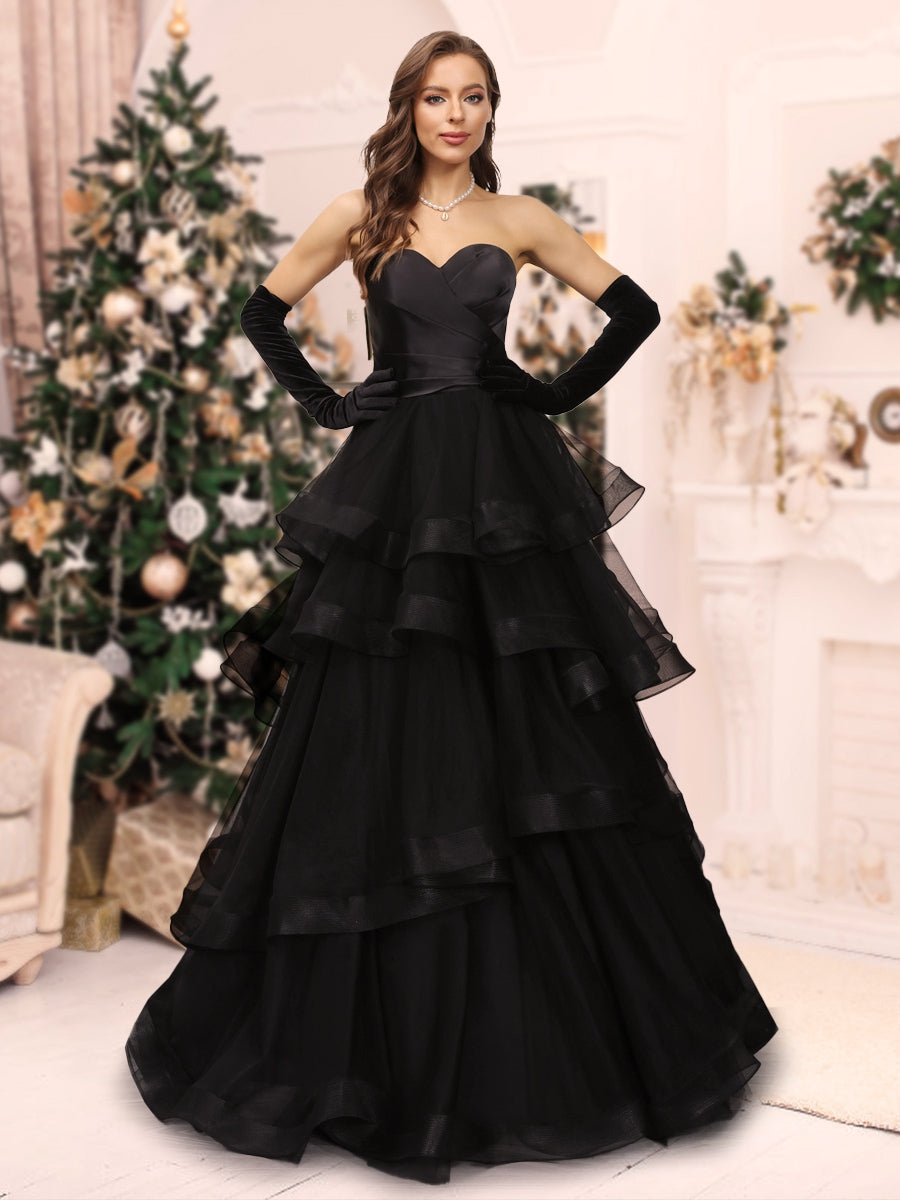 A-Line/Princess Sweetheart Long Tulle Christmas Dresses with Ruffles