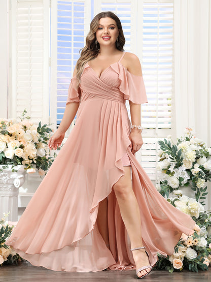 A-Line V-Neck Spaghetti Straps Short Sleeves Asymmetrical Chiffon Plus Size Bridesmaid Dresses