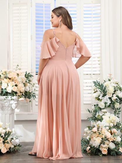 A-Line V-Neck Spaghetti Straps Short Sleeves Asymmetrical Chiffon Plus Size Bridesmaid Dresses