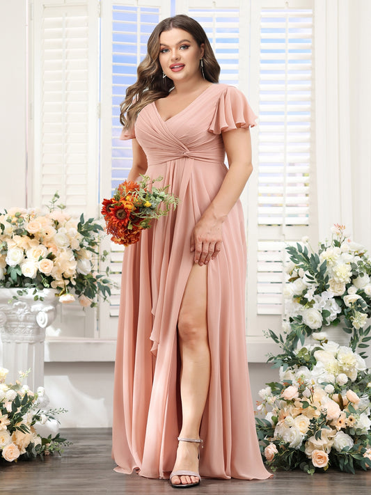 A-Line V-Neck Short Sleeves Split Side Chiffon Plus Size Bridesmaid Dresses