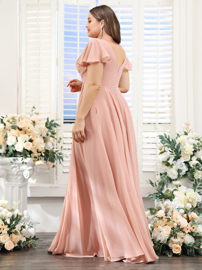 A-Line V-Neck Short Sleeves Split Side Chiffon Plus Size Bridesmaid Dresses