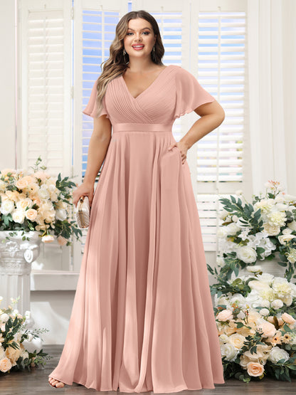 A-Line V-Neck Short Sleeves Chiffon Plus Size Bridesmaid Dresses with Pockets