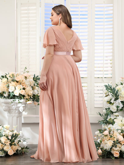 A-Line V-Neck Short Sleeves Chiffon Plus Size Bridesmaid Dresses with Pockets