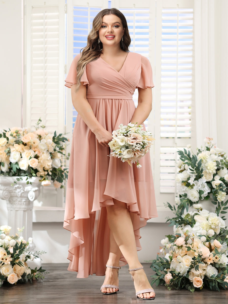 A-Line V-Neck Short Sleeves Ruched Asymmetrical Chiffon Plus Size Bridesmaid Dresses