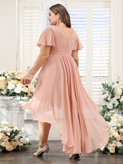 A-Line V-Neck Short Sleeves Ruched Asymmetrical Chiffon Plus Size Bridesmaid Dresses