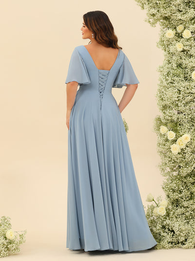 A-Line V-Neck Half Sleeves Split Side Chiffon Bridesmaid Dresses With Pockets