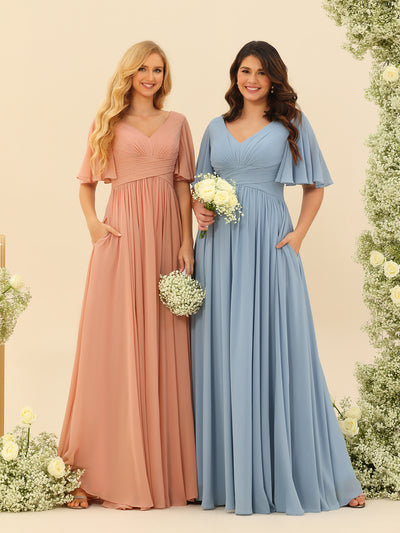 A-Line V-Neck Half Sleeves Split Side Chiffon Bridesmaid Dresses With Pockets