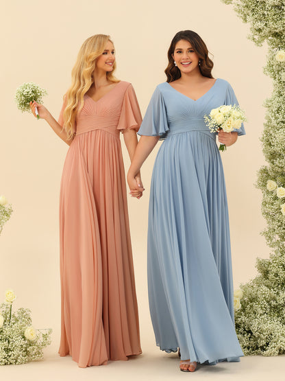 A-Line V-Neck Half Sleeves Split Side Chiffon Bridesmaid Dresses With Pockets