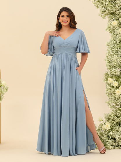 A-Line V-Neck Half Sleeves Split Side Chiffon Bridesmaid Dresses With Pockets