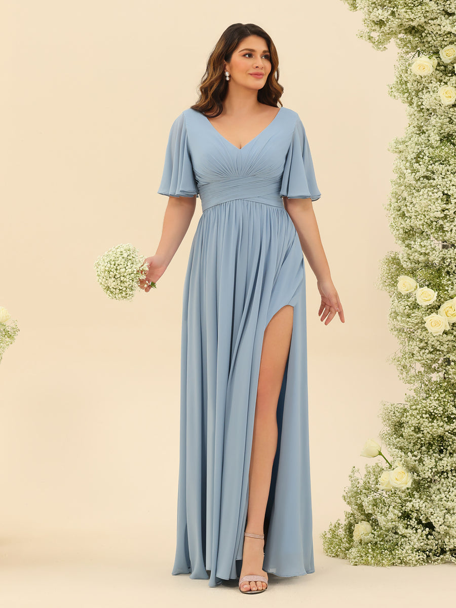 A-Line V-Neck Half Sleeves Split Side Chiffon Bridesmaid Dresses With Pockets