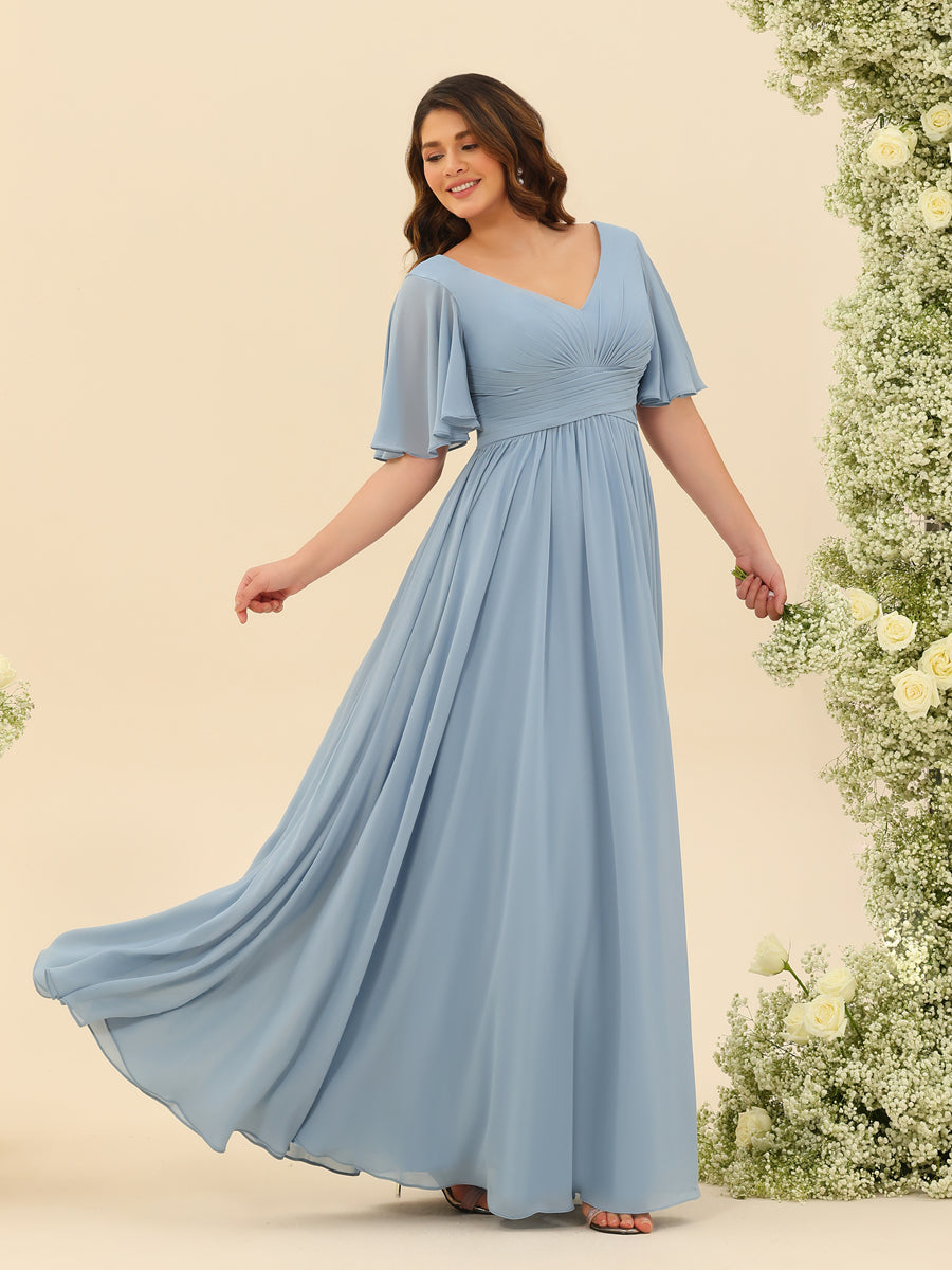 A-Line V-Neck Half Sleeves Split Side Chiffon Bridesmaid Dresses With Pockets