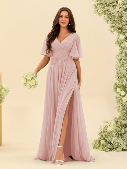 A-Line V-Neck Half Sleeves Split Side Chiffon Bridesmaid Dresses With Pockets