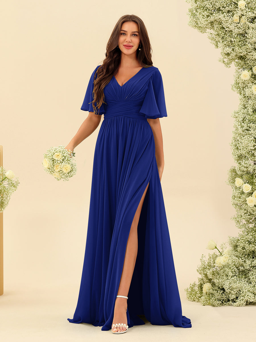 A-Line V-Neck Half Sleeves Split Side Chiffon Bridesmaid Dresses With Pockets