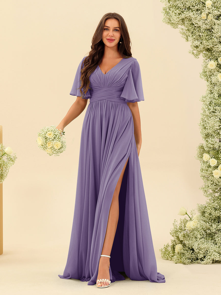 A-Line V-Neck Half Sleeves Split Side Chiffon Bridesmaid Dresses With Pockets