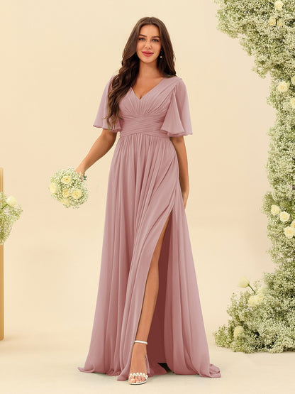 A-Line V-Neck Half Sleeves Split Side Chiffon Bridesmaid Dresses With Pockets