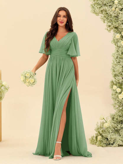 A-Line V-Neck Half Sleeves Split Side Chiffon Bridesmaid Dresses With Pockets