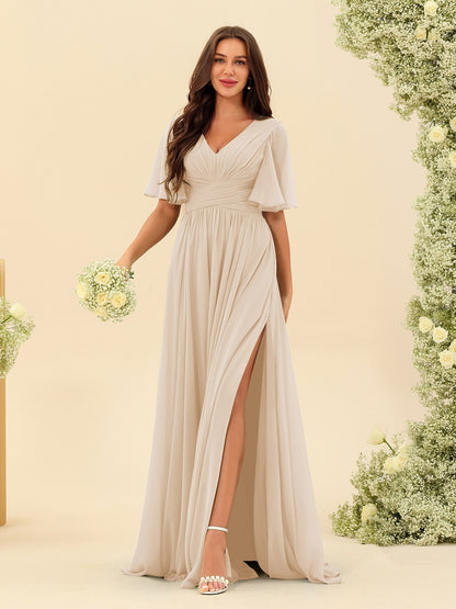 A-Line V-Neck Half Sleeves Split Side Chiffon Bridesmaid Dresses With Pockets